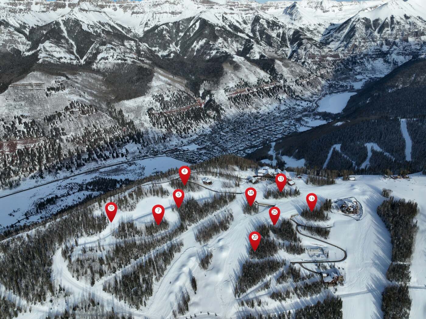 The Ridge Collection ski-in/ski-out homesite map — view toward Mountain Village, Telluride, with lot locations